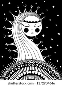 Fantasy Halloween background with the moon in the crown. Black and white. Vector.