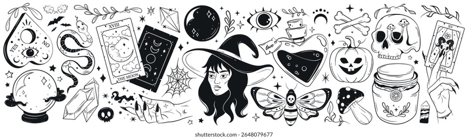 Fantasy Halloween Set. Hand Drawn Magic Stickers. Skull, Tarot Cards, Hands, Witch, Potion, Fortune Ball. 
