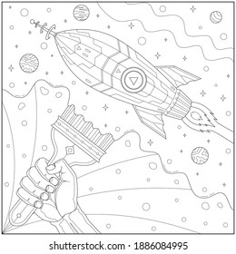 Fantasy hand brush the outer space and the rocket. Learning and education coloring page illustration for adults and children. Outline style, black and white drawing