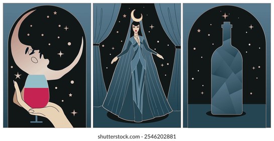 fantasia mão desenhada arte deco ilustrações, lua temática