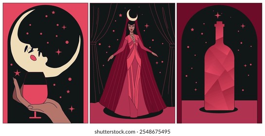 fantasy hand drawn art deco illustrations, moon themed, dark red