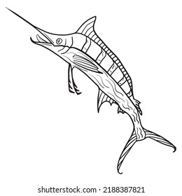 Fantasy hand drawn blue marlin fish linework, isolated in white background