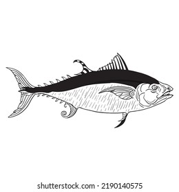 Fantasy Hand Drawn Bluefin Tuna Linework, Isolated In White Background 