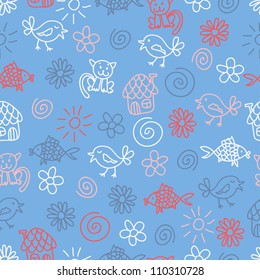 Fantasy hand drawn cheerful childlike seamless pattern in blue tones
