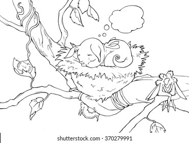 Fantasy hand drawn coloring book cartoon illustration of a cute little magic animal sleeping in the nest on a branch of a tree at night