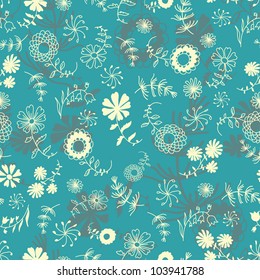 fantasy hand drawn field flowers vector seamless pattern in turquoise tones