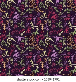 fantasy hand drawn field flowers vector seamless pattern in dark violet tones