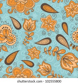 Fantasy  hand drawn flowers vector seamless pattern. Made in turquoise and light orange tones