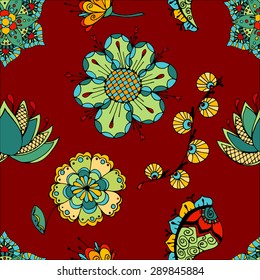Fantasy  hand drawn flowers vector seamless pattern