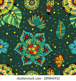 Fantasy hand drawn flowers vector seamless pattern