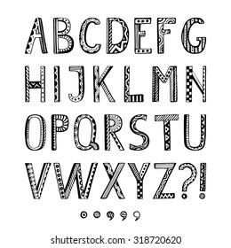 Fantasy hand drawn font in doodle style. Vector letters set. Collection ornamental Alphabet.