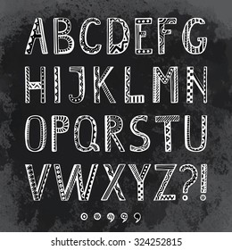 Fantasy hand drawn font in doodle style. Vector letters set on grunge background. Collection ornamental Alphabet