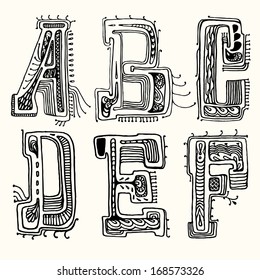 Fantasy hand drawn font. Vector letters set A-F