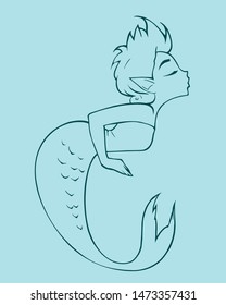 Fantasy hand drawn illustration of a cute and beautiful cartoon mermaid with short hair