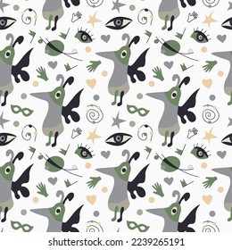 Fantasy, hand drawn vector pattern inspired by Juan Miro. Аbstract shapes, masks, eyes and spiral. Monochrome, black and white with green. For textile design, decorative paper, wrapping,packaging