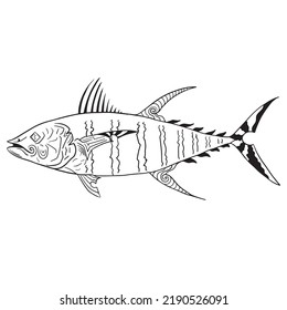 Fantasy Hand Drawn Yellowfin Tuna Linework, Isolated In White Background