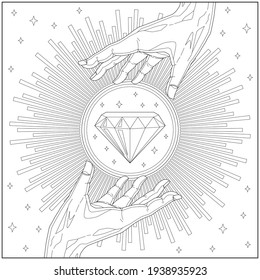 Fantasy hand over shining emerald gemstone. Learning and education coloring page illustration for adults and children. Outline style, black and white drawing