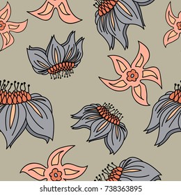 Fantasy hand-drawn floral seamless pattern. An illustration for fabrics, notebooks, cases for computers and phones.