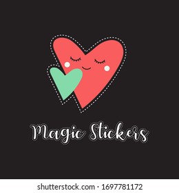 Fantasy heart stickers. Hearts image. Black background.