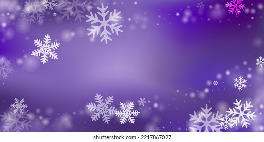 Fantasy heavy snow flakes composition. Winter speck freeze granules. Snowfall sky white purple design. Scattered snowflakes christmas vector. Snow cold season landscape.