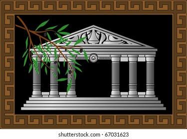 fantasy hellenic temple and olive branch. vector illustration
