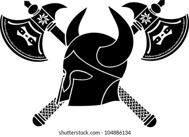 fantasy helmet with axes  stencil  first variant  vector illustration