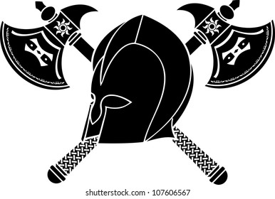 fantasy helmet with axes. stencil. second variant. vector illustration