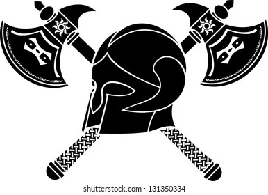 fantasy helmet with axes. stencil. third variant. vector illustration