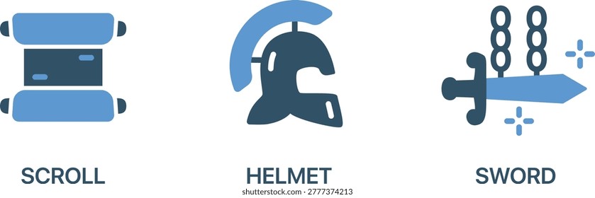Fantasy helmet sword and scroll collection set vector illustration