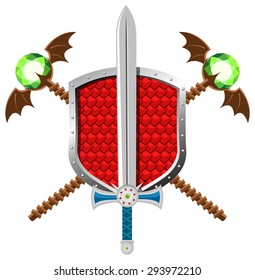 Fantasy heraldic set with shield, sword and magic staffs
