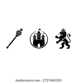 Símbolos heráldicos y de fantasía con una varita mágica, un castillo y una cresta de león.