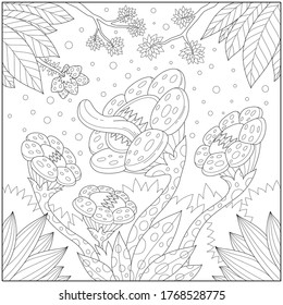 Fantasy herbivore flower, adult and kid coloring page in stylish vector illustration for education and learning