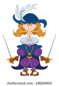 Fantasy hero, brave count fencer standing with two swords and stern look, funny comic cartoon character. Vector