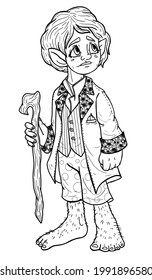 Fantasy hero traveler, a fairytale round-faced little man with big legs and pointed ears, wearing a jacket with pattern and a vest on buttons, in polka-dot trousers and with a walking stick in hand.