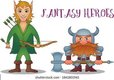 Fantasy Heroes, Elf Archer with Bow and Arrows and Dwarf, Warrior in Armor with Helmet and Battle Ax, Funny Comic Cartoon Characters. Vector