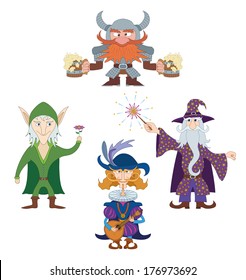 Fantasy heroes resting and having fun: elf with flower, dwarf with beer mugs, wizard with fireworks and cavalier playing on mandolin, funny comic cartoon characters set. Vector