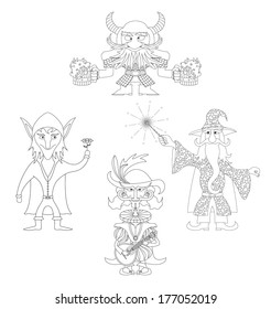 Fantasy heroes resting and having fun: elf with flower, dwarf with beer mugs, wizard with fireworks and cavalier playing on mandolin, comic cartoon characters, contour on white background. Vector