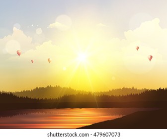 Fantasy High Detailed Vector Landscape Background, Sunset and hot air ballons on cloudy sky.
