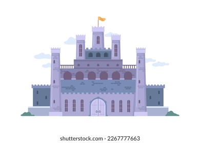 Fantasy or historical castle with towers and fortifications. Isolated citadel or keep, old architecture and sights in city, stronghold. Vector in flat style