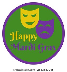 Fantasy holiday coin token Mardi Gras, stylized money with theatrical masks on a green background vector illustration