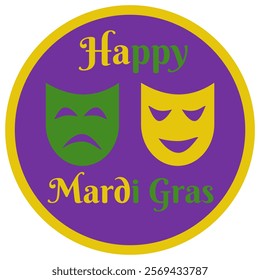 Fantasy holiday coin token Mardi Gras, stylized money with theatrical masks on a purple background vector illustration