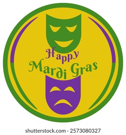 Fantasy holiday coin token Mardi Gras, stylized money with theatrical masks on a yellow background vector illustration