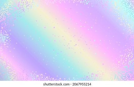 Fantasy holographic background of magic rainbow sky with sparkling stars. Vector illustration, background for children.