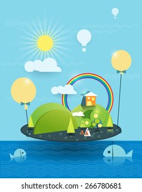 Fantasy  home paper cut -similar island. Tree,fish, flower and green hill with sunshine and rainbow, Hot air balloon  with blue sky ,sea,cloud background. Illustration vector house on peaceful Island 