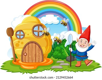 Fantasy honey comb with rainbow in the sky  illustration