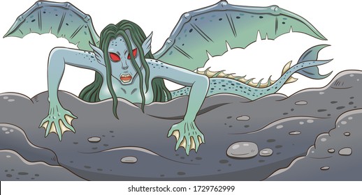 Fantasy horror of mermaid siren in mythical sea. vector illustration