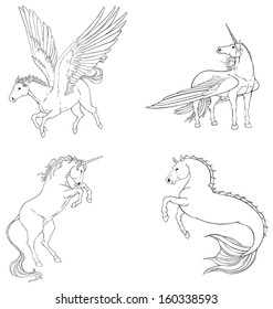 Fantasy horse collection set in black and white vector design, especially for children or designers to color it themselves. 