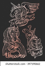 Fantasy horse collection set in black and white vector design with pastel gradient , especially for children or designers to color it themselves on black background.