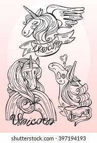 Fantasy horse collection set in black and white vector design, especially for children or designers to color it themselves,coloring page, tattoo, poster, t-shirt and so on.