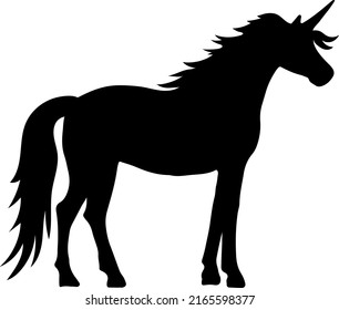Fantasy horse creature standing. Black unicorn silhouette